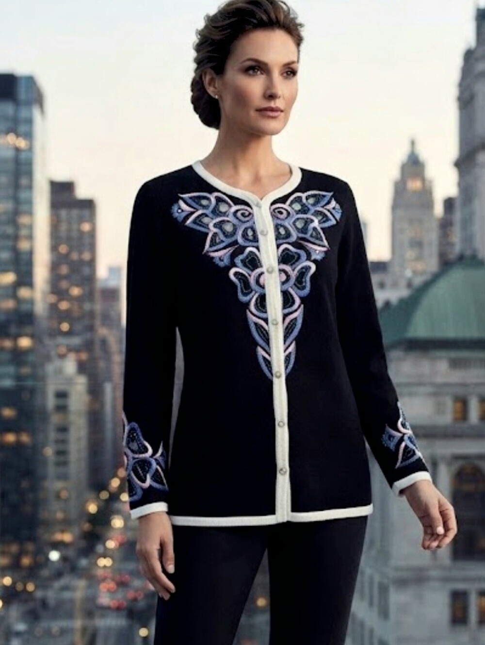 Bob Mackie Vintage Black Embroidered Beaded Button Front Cardigan Size Small